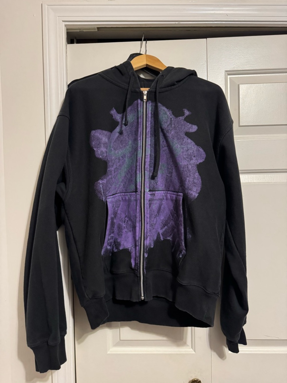 Stussy Black Hoodie with Purple Graphic Zip-Up